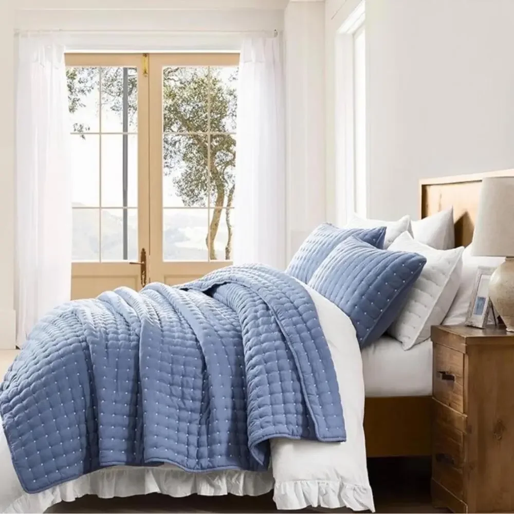 🆕 PB Style Queen Denim Blue Quilt Coverlet 3 Piece Pick Stitch Tufted Bed Set